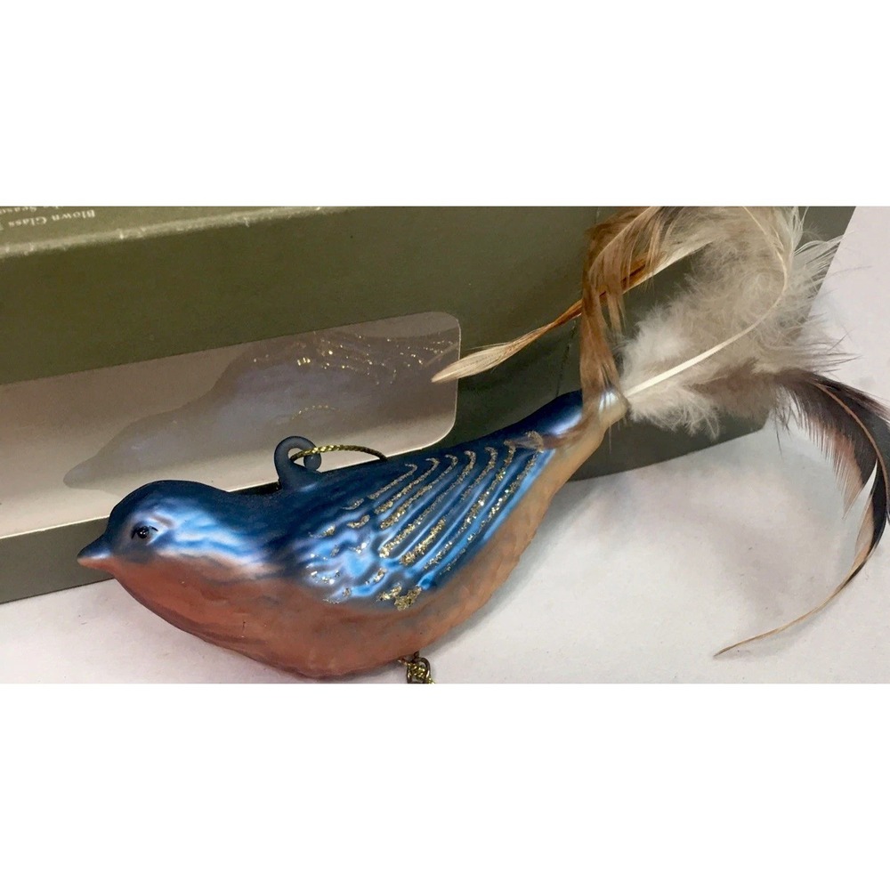 Seasons of Cannon Falls Blue BIRD Feather Tail Glass ORNAMENT in Box